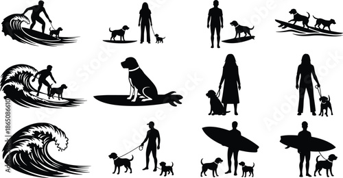 Surfer and dog silhouettes collection, people walking dogs and surfing waves, beach lifestyle concept, pet companionship, ocean sports, black vector illustration set
