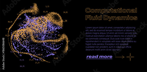 Swirling particle clusters in orange and purple hues on black, dotted with numerical values evoking simulation data. Conceptual vector illustration for computational fluid dynamics.