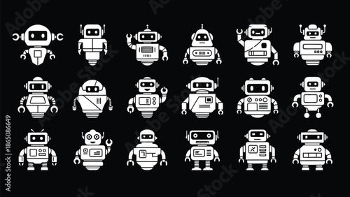 A collection of simplistic white robotic figures against a dark background