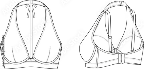 Women halter bra technical flat, front back view, lingerie fashion cad illustration, adjustable straps, supportive underwear design, vector drawing