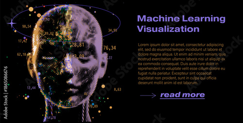 Human head in profile formed by glowing dots, surrounded by orbiting particles and floating numerical values. Conceptual vector illustration for machine learning visualization and AGI.