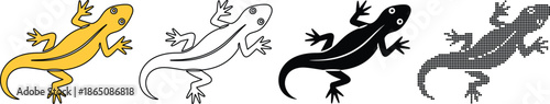 Set of four lizard or gecko icons in different styles color, outline, solid silhouette, and halftone pattern