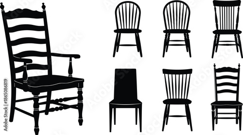 Wooden chair silhouettes collection, classic furniture designs set, vintage dining and armchair styles, interior decor elements, black vector illustration isolated