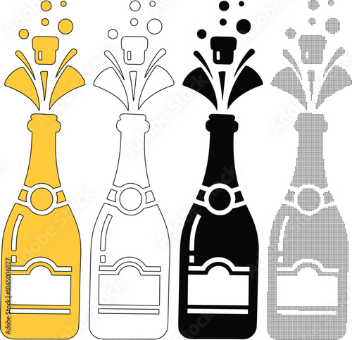 Four styles of champagne bottle opening with bubbles solid yellow, outline, solid black, and dotted pattern