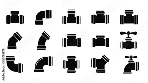 Collection of various black pipe fittings and plumbing components displayed in a grid