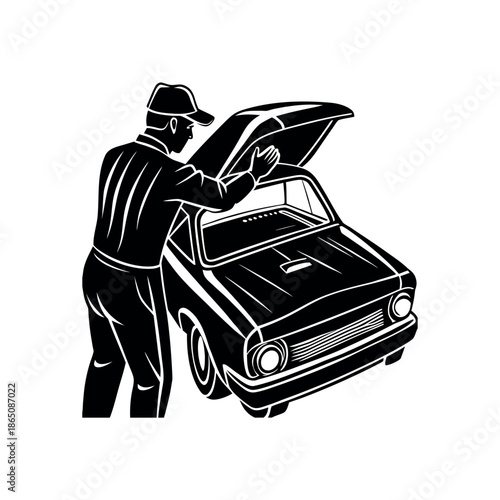 Mechanic opening car hood for engine inspection