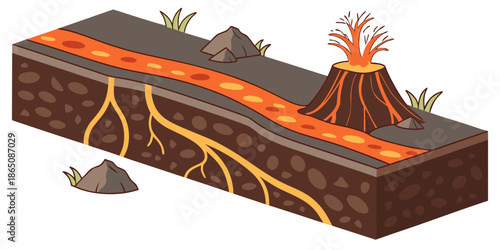 Cross-section vector of erupting volcano and lava flow