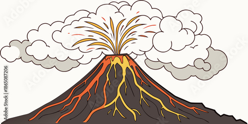 Vector Illustration of an Erupting Volcano with Lava and Smoke