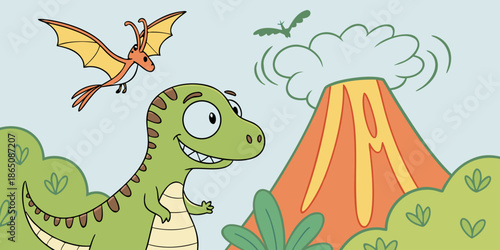 Cartoon dinosaur and flying pterodactyl near an active volcano