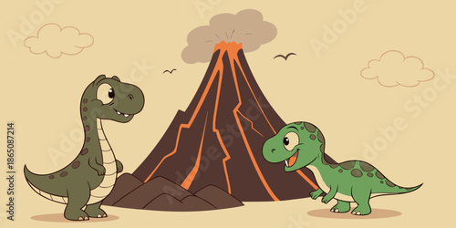 Cute cartoon dinosaurs in front of an erupting volcano landscape
