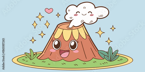 Cute Kawaii Volcano Character on a Small Island Vector