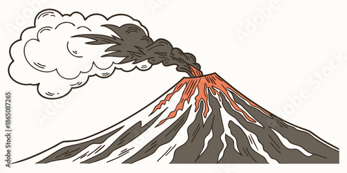 Hand-drawn vector illustration of an erupting volcano with lava