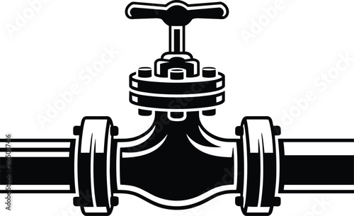 Detailed monochrome vector illustration of a heavy industrial pipeline segment featuring a large control valve and bolted flanges, symbolizing essential energy infrastructure and fluid control.