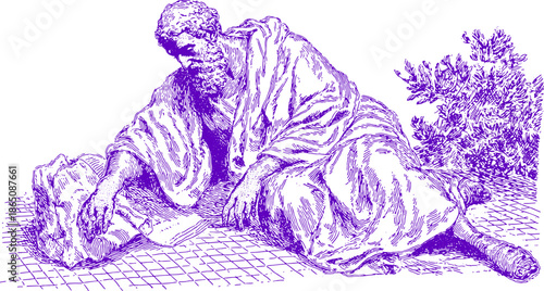 Philosopher in contemplation pose, depicted in a detailed vector illustration. An artistic purple drawing showcasing classic culture and creativity.