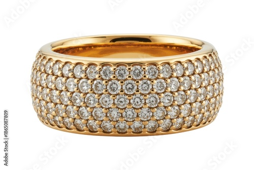 Wide gold band ring with five rows of round cut diamonds yellow gold