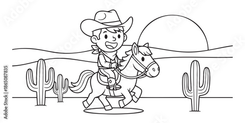 Young cowboy riding horse in desert landscape with cacti  