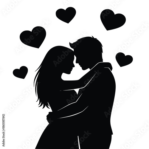 Black silhouette illustration depicting a deeply romantic couple embracing tenderly surrounded by floating black hearts graphics