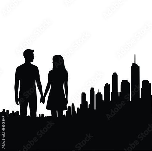 Silhouette of a romantic couple holding hands while standing against a stark black and white metropolitan city skyline backdrop