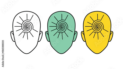 Three colorful head outlines with spiral designs inside minimalist illustration