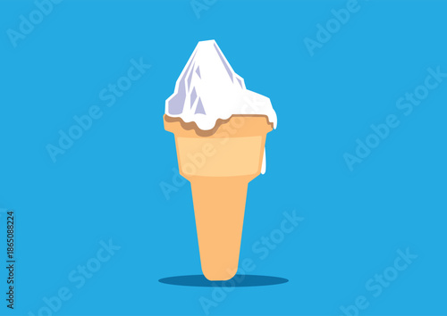 Illustration of a delicious ice cream cone with a creamy scoop on top against a vibrant blue background. Food design concept