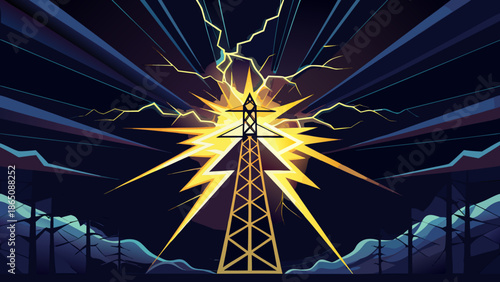 Electric tower illuminating night sky