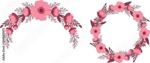 Delicate pink floral wreaths and a half wreath design on transparent background silhouette