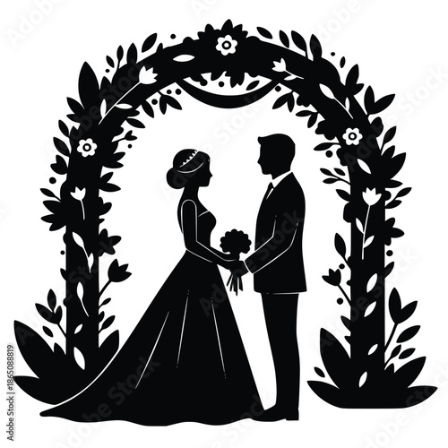 Black silhouette illustration of a bride and groom standing together beneath a beautiful floral wedding archway for the ceremony.