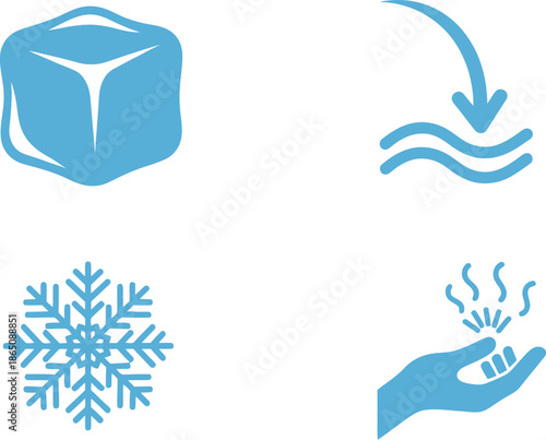 Ice cube snowflake steam and hand with water droplet silhouette on transparent background