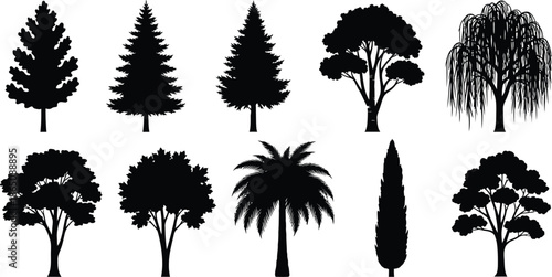 Collection of diverse tree silhouettes on transparent background
