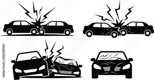 Car crash scenes in black and white silhouette on transparent background