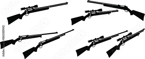 Multiple hunting rifles in different poses on transparent background silhouette