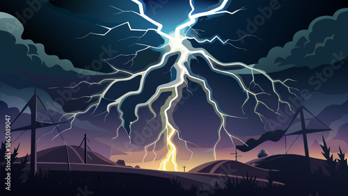 Powerful lightning strike illuminating the night sky