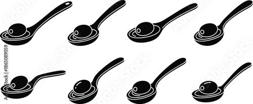 Black tea spoons with tea bags a set of vector icons on transparent background silhouette