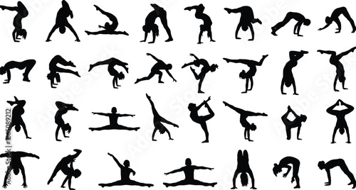 Gymnastics silhouette collection of flexible poses, acrobatic movements, balance exercises, handstands, splits, and dynamic body positions for fitness design
