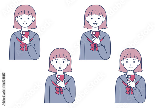 スマートフォンを持った学生服・セーラー服を着た女の子のイラストセット