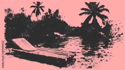 Palm tree and lounger by the water in a tropical setting. Tranquil scenery vector illustration.