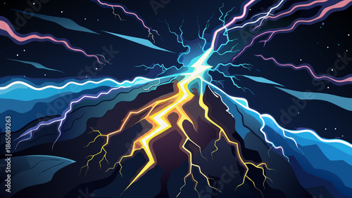 Vibrant lightning storm at night