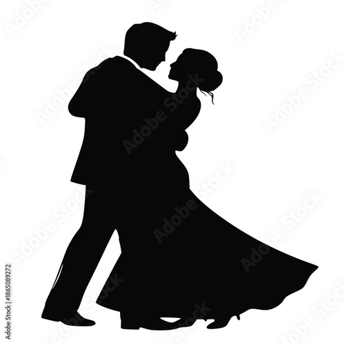 Elegant black silhouette of a bride and groom sharing a romantic slow dance moment in formal wedding attire.