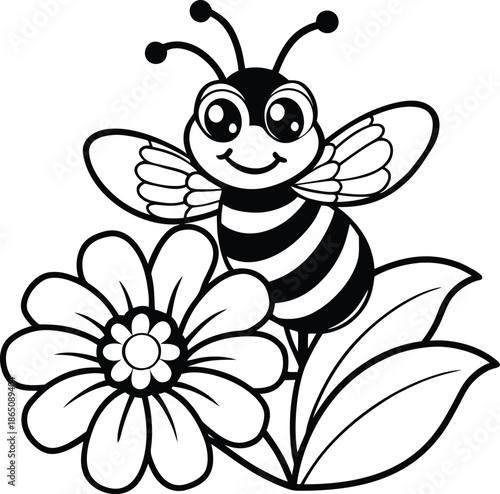 A happy cartoon bee with big eyes smiles while resting gently on a beautiful flower