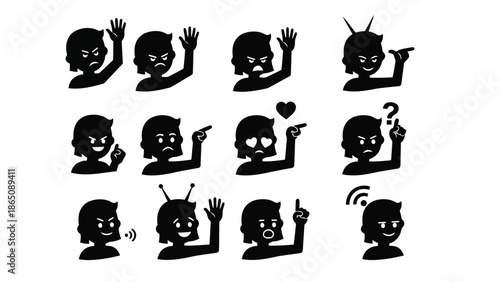 Silhouettes of people displaying various emotions and hand gestures