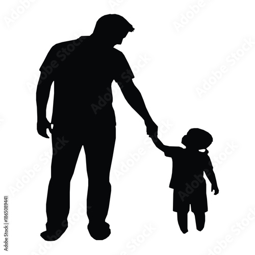 Striking black silhouette graphic illustrating a loving father holding hands securely with his small child during a walk