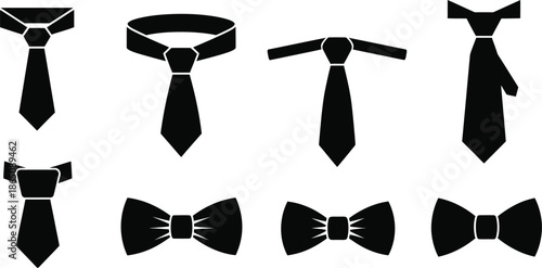 Variety of neckties and bow ties in black silhouette on transparent background