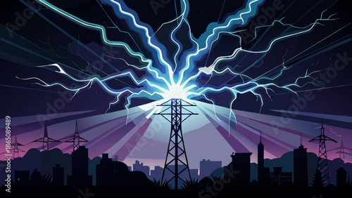 Electricity explosion over cityscape