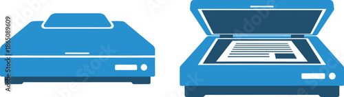 Two blue scanner icons closed and open for design projects on transparent background silhouette