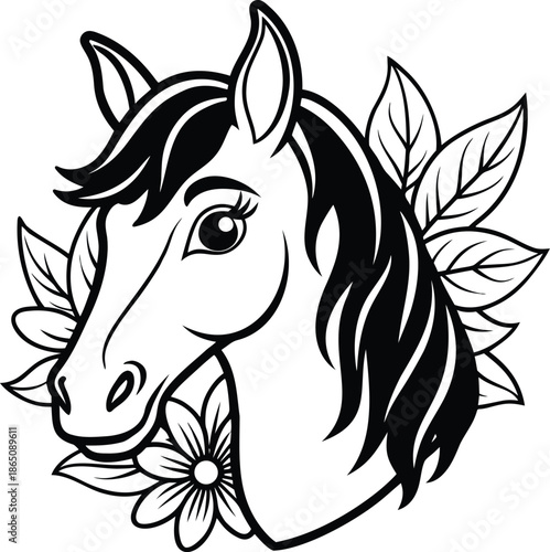 Elegant horse head with beautiful floral accents, a graceful black and white line art design