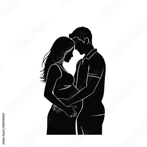 Silhouette of a loving expectant couple embracing tenderly around the pregnant wife's growing belly symbolizes future parenthood and connection.