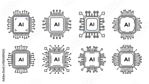 Line art depictions of artificial intelligence chips and microprocessors in a grid