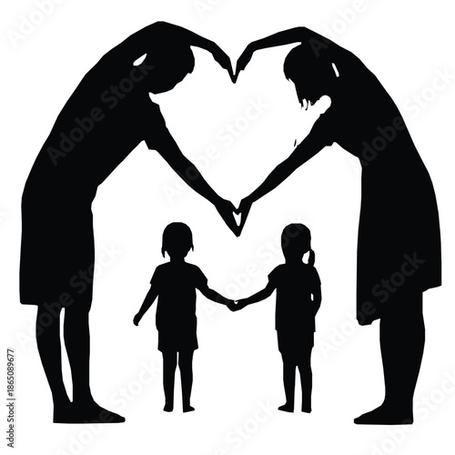 Silhouette of two mothers forming a loving heart shape above two children holding hands together in unity