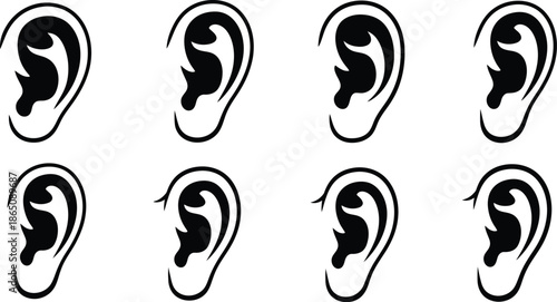 Black ear illustrations collection with different angles on transparent background silhouette