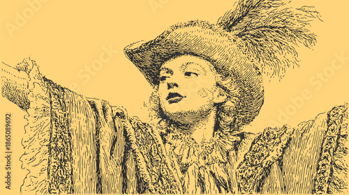 Vintage illustration of a woman in elegant historical costume. Detailed vector lineart showcases classic style and dramatic expression for artistic displays.